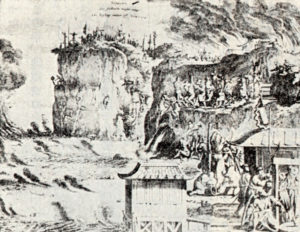1669年アムステルダムで発行されたモンタヌスの「日本誌」に掲載された「雲仙地獄の殉教」図